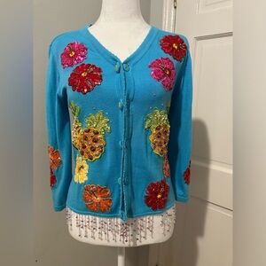 Just B glitzy sequin pineapple and flower button up cardigan sweater size M